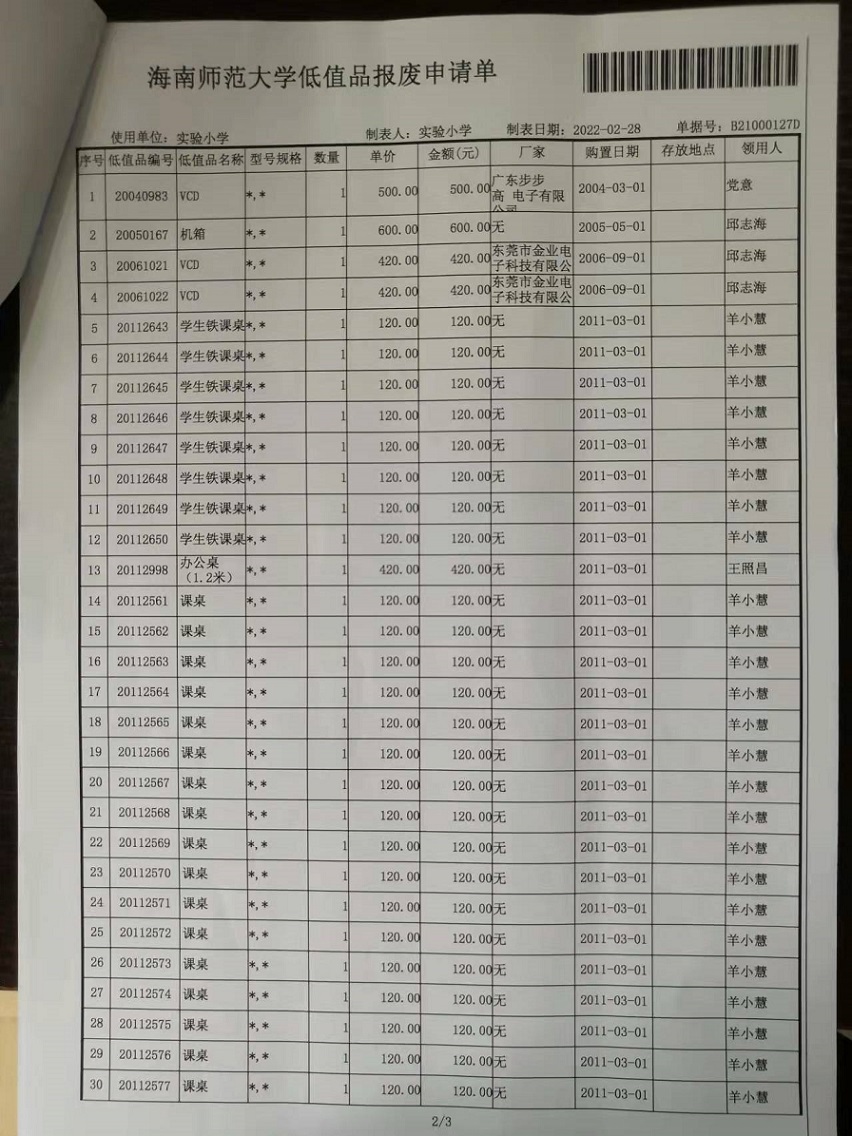 海南师范大学固定资产处置签批单