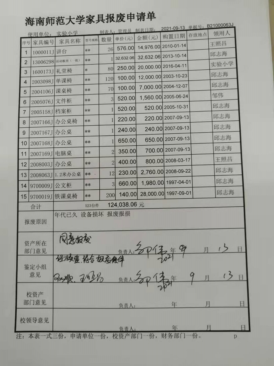 海南师范大学固定资产处置签批单